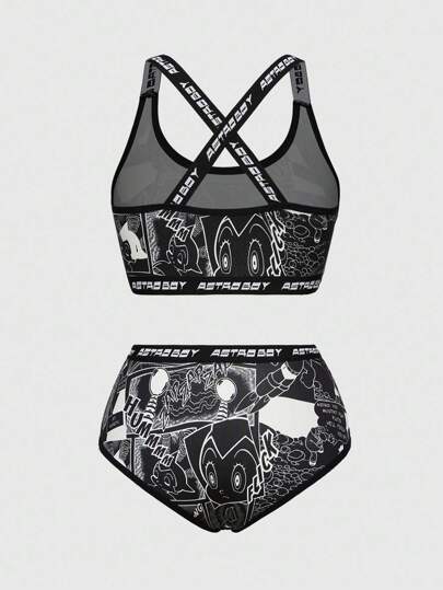 Astro Boy X ROMWE Cartoon Figure Graphic Elastic Criss-Cross Back Bralette & Thong Lingerie Set