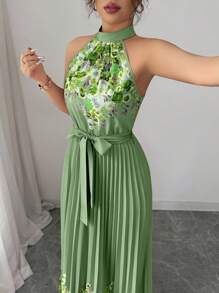 SHEIN Elenzya 女式夏季优雅花卉宽松露背连衣裙 - 軍綠色 - 查看 4