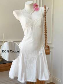 Comfortcana 女式白色梭织无袖蕾丝边夏季吊带裙 - 白色 - 查看 1