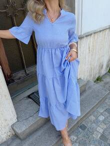 Jeta Ari Women's Vacation Casual Plaid Cut-Out Neck Long Dress - Blue and White - View 3