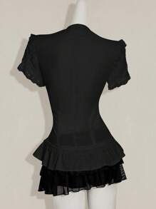 SHEIN ICON Y2k 女式西部乡村音乐会波西米亚嬉皮米色哥特夏季休闲蕾丝边衬衫 - 黑色 - 查看 2