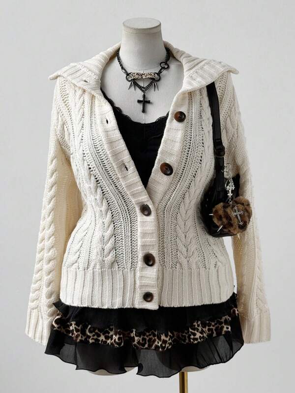 Sunspun Plus Size Women Turndown Collar Front Button Knitted Cardigan, Suitable For Autumn/Winter, Warm And Comfortable Knitted Cardigan