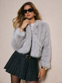 Poéselle Women's Knitted Single-Breasted Short Faux Fur Coat, Women's Winter Coat, Women's Winter Coat, Women's Winter Coat, New Year , Party, Business Casual Woman, Old Money, Elegant Women, Classy For Women, Fall Winter - Light Grey - View 1