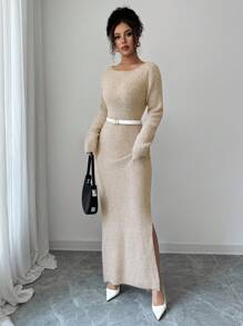 Elenzga Women's Solid Color Elegant Round Neck Long Sleeve Side Slit Hem Fitted Knit Dress Fall Winter Cloth For Women - Khaki - View 3