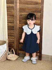 SHEIN 女婴节日装圣诞节休闲装夏季灰蓝色娃娃领连衣裙 - 藏蓝色 - 查看 4