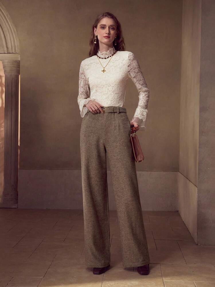 SOLID SLANT POCKET BUCKLE BELTED WIDE LEG SUIT PANTS