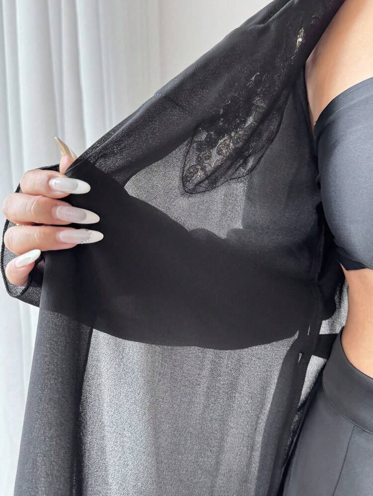 Elenzga Sheer Chiffon Waist Wrap Embroidered Trim Elegant Women Thin Jacket Fall Winter Cloth For Women - Black - View 7