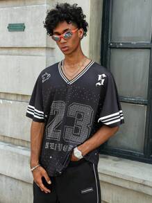 PAVTROS Manfinity Streetrush 男士夏季休闲水钻数字印花短袖 T 恤男士 Y2k 服装黑色 Y2k 衬衫男士水钻衬衫男士图案 T 恤男士黑色短款上衣、嘻哈街头、男友礼物、街头潮流男士 - 彩色 - 查看 8