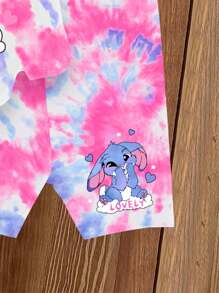 SHEIN 女宝宝可爱兔子卡通印花扎染圆领短袖T恤和针织打底裤可爱两件套，夏季 - 彩色 - 查看 5