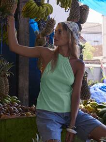 Aralina 荷叶边领口无袖露背休闲亚麻质地夏季上衣 - 薄荷綠 - 查看 6