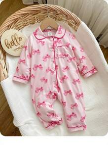 SHEIN Newborn Baby Girl Cute Casual Knitted Pink Bow Pattern Long Sleeve Jumpsuit Fall Winter