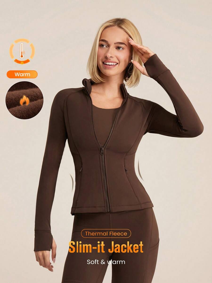 GLOWMODE FeatherFit™-Warm Slim-It It's Chilly 保暖内衬修身长袖夹克，带拇指孔，秋冬瑜伽日常休闲 - 肉桂靈感 - 查看 1