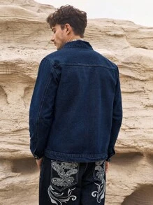 Manfinity Homme Casual Dark Washed Blue Loose Fit Denim Jacket With Large Pockets, Spring/Summer