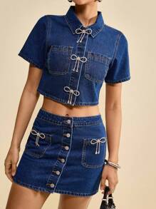 Muvela Women's Blue Denim Jacket, Elegant Bow-Knot Diamond-Decorated Short-Sleeved Shirt, Cotton-Containing French Top Date Night Outfits Women - Medium Wash - View 2