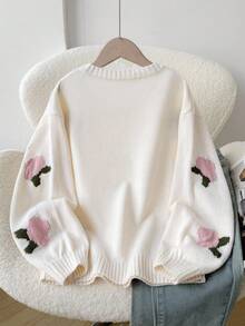 SHEIN LMoss Kids 青少年女孩休闲时尚法式百搭针织玫瑰花 3D 提花套头衫，适合周末、休闲外出、返校、万圣节、圣诞节、新年 - 米色 - 查看 2
