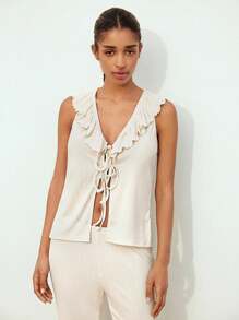 Maija Women Apricot Summer Solid Textured Fabric Collar Splice Ruffle Hem Front Tie Sleeveless Top & Elastic Waist Pants 2 Pieces Set, Fashion Casual Bohemian Beach Holiday Vacation Outfits Woman - Apricot - View 4