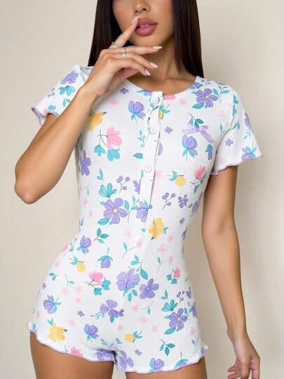 Women's Elegant Casual Minimalist Thin Pajamas, Cute Floral Print With Ruffle Trim On Sleeve & Leg Openings, Short Sleeve Romper Jumpsuit Loungewear