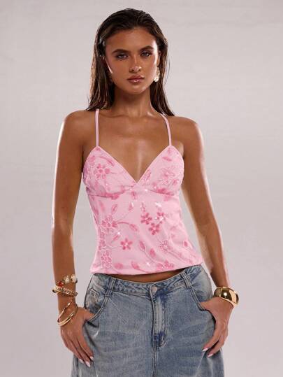 SHEIN BAE Women's Summer Sequin Floral Delicate Elegant Camisole Top,Valentine's Day,Valentine Outfits For Women