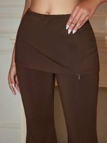 Chiquease Pantalones de falda acampanada de 2 en 1 de cintura baja de punto retro para mujer, leggings de punto de alta elasticidad estilo Maillard casual para primavera y otoño - Marrón - Ver 5