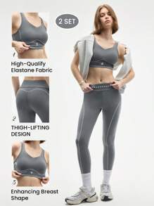 Gameset SHEIN Sport 女士灰色运动套装，包含一件无袖运动胸罩和一条高腰长款紧身裤，专为健身房和瑜伽锻炼而设计 - 灰色 - 查看 1