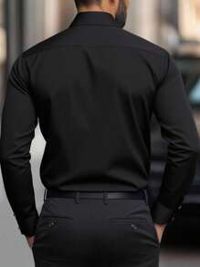 Manfinity Mode Chemise à manches longues décontractée pour hommes, noire avec patchwork de couleur contrastante, automne