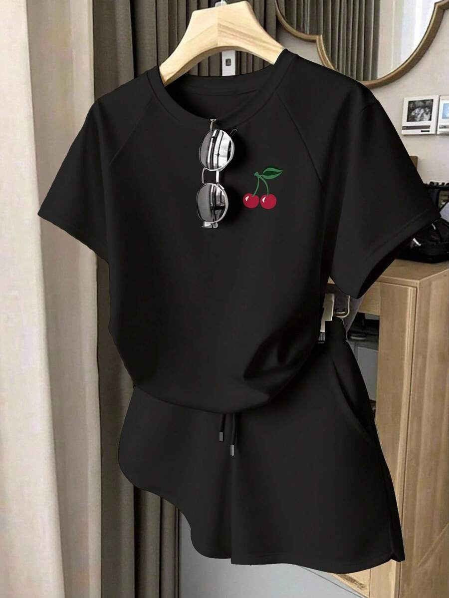 Resyla Set 2 Potong Kaos Lengan Pendek Kasual Wanita dan Celana Pendek Bertali - Hitam - View 1