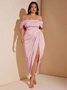 SHEIN BAE 大码女式优雅垂坠中长连衣裙，适合婚礼、伴娘、鸡尾酒会、正式场合 - 藕粉色 - 查看 5