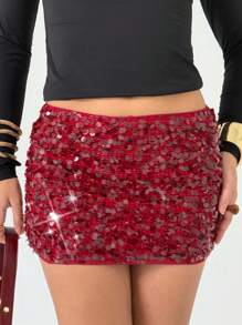 Aloruh 女士低腰亮片紧身迷你裙，适合派对和音乐节 - 酒紅色 - 查看 6