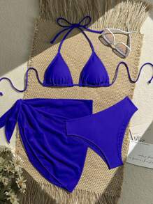 Swim Vcay 3pcs/Set Casual Solid Color Halter Tie Bikini Top, Triangle Bottoms And Mini Skirt For Summer Beach Vacation - Royal Blue - View 3