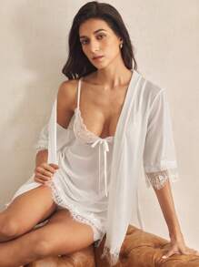 Charlaine 3pack Eyelash Lace Panel Belted Mesh Lingerie Set Bridallingerie - White - View 1