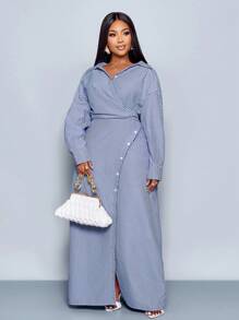 SOLERSUN Plus Size Women's Stripe Print Button-Up Front Shirt Dress, Asymmetric Hem, Dolman Sleeves, Slit A-Line Long Skirt,Wrap Shirt, Fall Clothing, Long Sleeves, Winter Clothing, Elegant, Daily Commute, Our Way Of Travel, Casual, Two Pieces Set