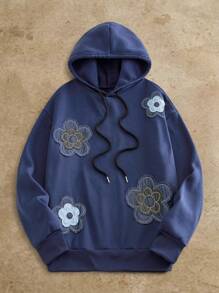 Manfinity NXTstreet Men's Casual Floral Embroidered Loose Fit Drop Shoulder Hoodie, For Fall Winter - Blue - View 1
