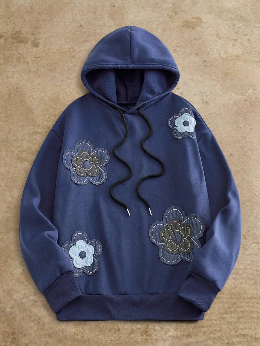 Manfinity NXTstreet Men's Casual Floral Embroidered Loose Fit Drop Shoulder Hoodie, For Fall Winter - Blue - View 1