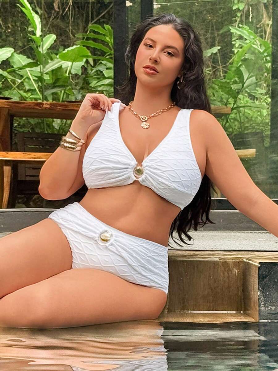 Slaysola 大码女式2件套纯色特殊面料白色时尚度假日常休闲简约高腰三角内裤外壳基本款比基尼套装