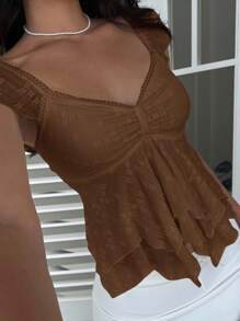 SHEIN EZwear Áo hai dây tay lửng xếp lớp bất đối xứng phối ren lãng mạn kiểu Pháp - Cà phê nâu - Xem 4