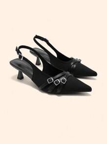 CUCCOO BASICS Giày cao gót hở mũi Stiletto Kitten Heel màu đen dệt kim hở mũi có quai đeo mắt cá chân, thoải mái, thoáng khí, thanh lịch, dễ dàng di chuyển hàng ngày - màu đen - Xem 3