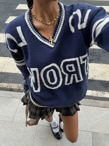 Pulover cu mânecă lungă, tricotat jacquard, cu decolteu în V, albastru și alb, contrastant, pentru fete adolescente, primăvară, toamnă și iarnă, sezonul de la școală - Albastru si alb - Vizualizare 7