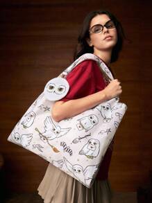 HARRY POTTER X SHEIN 1 pieza Bolso de tela plegable de poliéster con estampado gráfico de Hedwig, bolso con bolsa adjunta por cadena, de moda, búho, magia