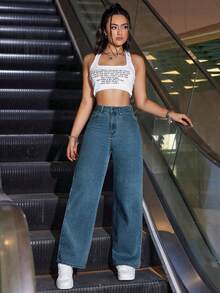 SHEIN ICON Jeans rectos de cintura alta lavados de manera casual - Azul - Ver 6