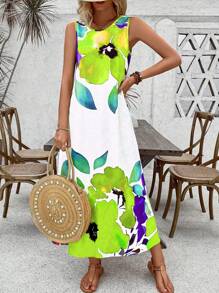 Breezaya 女士花卉印花圆领无袖宽松优雅别致连衣裙长款女装 - 彩色 - 查看 3