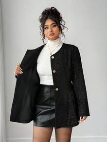 Elenzga 大码女式圆领长袖荷叶边下摆腰带优雅夹克 - 黑色 - 查看 3