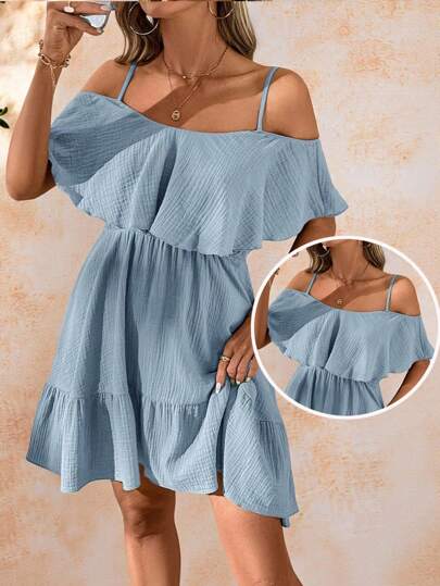 Amorya 女士优雅浪漫纯绿色纹理雪纺荷叶边下摆细肩带夏季假日连衣裙