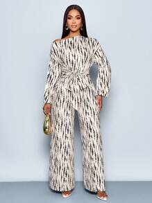 SOLERSUN 女式全印花不对称领口长款蝙蝠袖系带前阔腿连体裤，适合约会、工作、度假、节假日、休闲装、夏季波西米亚风格/假日/节日/音乐节/德比连衣裙，适合度假和日常穿着（随机花卉） - 杏色 - 查看 3