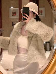 DAZY 新款厚款短款高端蓬松夹克仿皮草大衣 - 杏色 - 查看 1