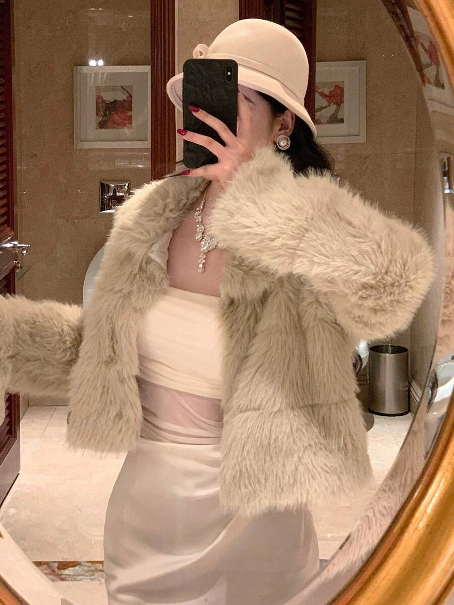 DAZY 新款厚款短款高端蓬松夹克仿皮草大衣 - 杏色 - 查看 1