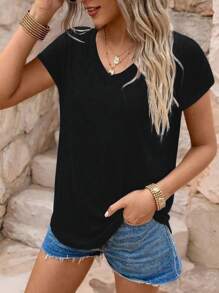 SHEIN LUNE 女式纯色 V 领短袖休闲百搭 T 恤，夏季 - 黑色 - 查看 3