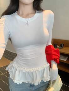 DAZY Women's Korean Style Ruffled Long Sleeve T-Shirt, Spring/Autumn - White - View 7