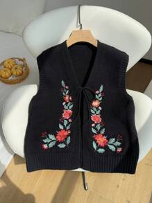 SHEIN EZwear Plus Size Women Floral Embroidery Front Tie Knit Vest Autumn Winter Clothes For Women - Black - View 5