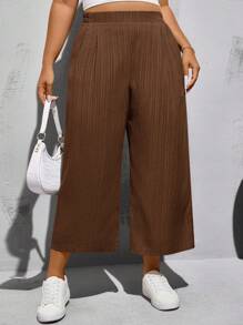SHEIN Essnce Plus Size Spring And Summer Fashion Casual Loose Comfortable Basic Daily Versatile Elastic Waist Cropped Pants, Simple Style, Work Pants - Brown - View 3