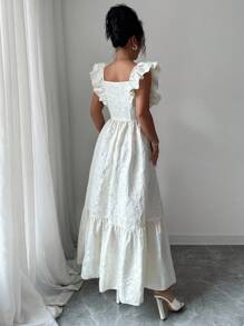 Selianne 女士优雅提花荷叶边下摆连衣裙，夏季 - 杏色 - 查看 2